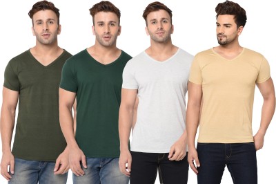 Unite Wear Solid Men V Neck Dark Green, Grey, Beige T-Shirt