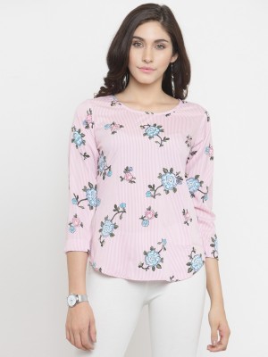 TANDUL Casual 3/4 Sleeve Striped, Floral Print Women White, Pink Top