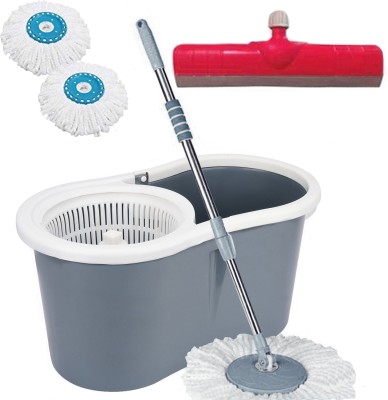 V-MOP Classic Grey Plastic Magic Dry Bucket Mop - 360 Degree Self Spin Wringing With 2 Super Absorbers with 1 Floor Wiper for Home & Office Floor Cleaning Mop Set GP2 Mop Set, Bucket, Mop Refill, Cleaning Brush, Glove