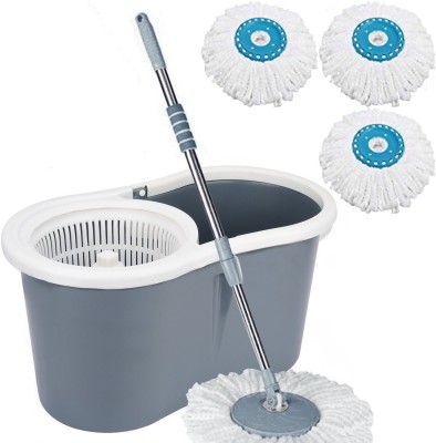 V-MOP Classic Grey Plastic Magic Dry Bucket Mop - 360 Degree Self Spin Wringing With 3 Super Absorbers for Home & Office Floor Cleaning Mop Set GP3 Mop Set