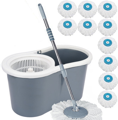 V-MOP Classic Grey Plastic Magic Dry Bucket Mop - 360 Degree Self Spin Wringing With 1 Mop Set(Blue)