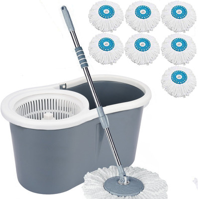 V-MOP Classic Grey Plastic Magic Dry Bucket Mop - 360 Degree Self Spin Wringing With 7 Super Absorbers for Home & Office Floor Cleaning Mop Set GP7 Mop Set, Bucket, Mop Refill, Cleaning Brush, Glove