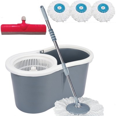V-MOP Classic Grey Plastic Magic Dry Bucket Mop - 360 Degree Self Spin Wringing With 3 Super Absorbers with 1 Floor Wiper for Home & Office Floor Cleaning Mop Set GP3 Mop Set, Bucket, Mop Refill, Cleaning Brush, Glove