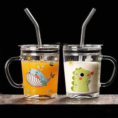 IndusBay 2 Pieces Cartoon Printed Milk Glass Sipper Jar Silicone Straw & Lid 300ML Glass Mason Jar(300 ml, Pack of 2)