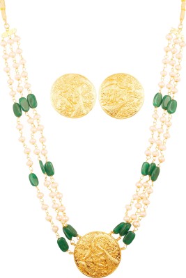 TOUCHSTONE Touchstone Indian Bollywood Traditional Exclusive And Grand Fine Craftsmanship Triple Line Faux Pearls And Green Onyx Beads Bahubali Inspired Designer Jewelry Necklace In Gold Tone For Women Cubic Zirconia Gold-plated Plated Alloy Necklace Set