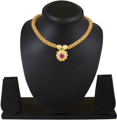 MEENAZ Pearl Jewellery Beads Ruby Pink Gold Plated Traditional Kolhapuri saaj Maharashtrian Thushi Pendant locket Necklace mala golden Jewellery for Girls Women Ladies design -THUSHI-113 Beads, Cubic Zirconia, Ruby Gold-plated Plated Copper Necklace