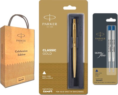 PARKER Classic Gold Ball Pen Refillable with Flow Blue Refills Pen Gift Set(Pack of 2, Blue)
