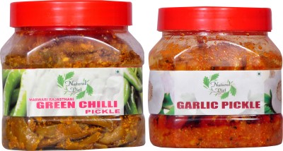 Natural Diet Combo of Homemade Maa Ke Hath Ka Organic Marwadi Rajasthani Green Chilli Pickle Hari Mirch Ka Achar Without Oil 500gm & Herbal Masala Garlic Pickle Lashun Ka Achar (Sabut Garlic Full Pieces) 500gm Green Chilli, Garlic Pickle(2 x 0.5 kg)