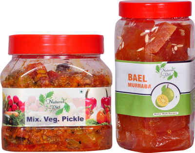 Natural Diet Combo of Maa Ke Hath Ka Organic Mothermade Mixed Pickle Achaar (Mixed Vegetable Mango Lime Green Chilli Carrot Ginger) 500gm (Mix Pickle) & The Real Taste of Maa Ke Hath Ka Swad Sweet Bel Murabba Pieces without Syrup 1Kg Mixed Vegetable, Bel Pickle(2 x 0.75 kg)