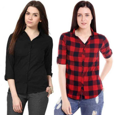 StyleRide Women Solid, Checkered Casual Red, Black Shirt(Pack of 2)