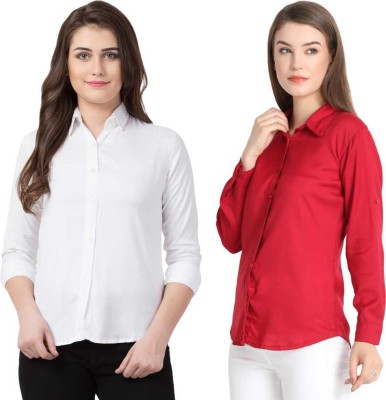 StyleRide Women Solid Party Red, White Shirt(Pack of 2)