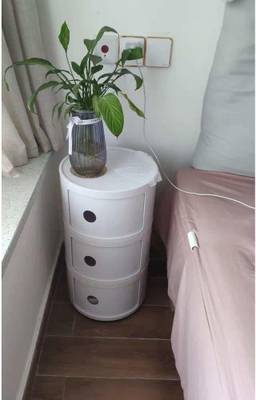 Shoply 58cm White Cylindrical Bedside Table 3-Tier, Stackable Creative Sofa Side End Table Sliding Door Cabinet Modern Bedside Table Stable Storage Shelf Bedroom Accessories Plastic Side Table