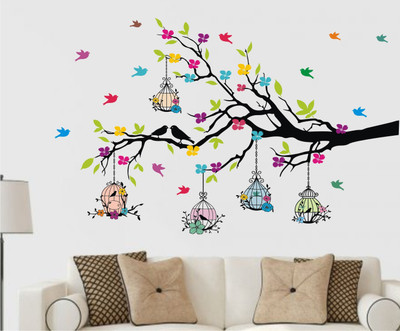 Decor Solution 80 cm Tree Branches with Birdcage and Flower- Wall Decoration Sticker Home ( Ideal Size on Wall: 127 cm x 80 cm ), Self Adhesive Sticker(Pack of 1)
