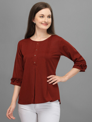 Prettify Casual 3/4 Sleeve Solid Women Maroon Top