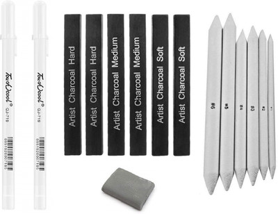 Definite Art 2 X White Pen for reflection and highlighting effect, 6 X Compressed Charcoal Sticks, 6 X Paper Art Blending Stumps and One Kneadable Eraser