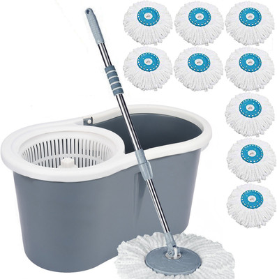 V-MOP Classic Grey Plastic Magic Dry Bucket Mop - 360 Degree Self Spin Wringing With 9 Wet & Dry Mop(Blue)