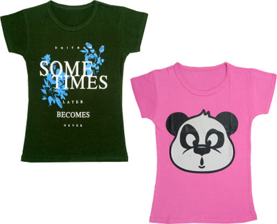 Indistar Girls Graphic Print Cotton Blend Regular T Shirt(Green, Pack of 2)