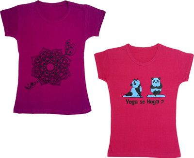 Indistar Girls Graphic Print Cotton Blend Regular T Shirt(Pink, Pack of 2)