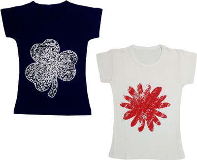 Indistar Girls Graphic Print Cotton Blend Regular T Shirt(White, Pack of 2)