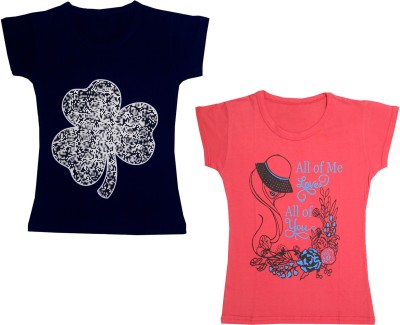 KAYU Girls Graphic Print Cotton Blend T Shirt(Blue, Pack of 2)
