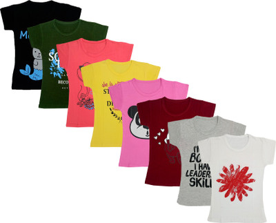 Indistar Girls Printed Cotton Blend Regular T Shirt(Multicolor, Pack of 8)