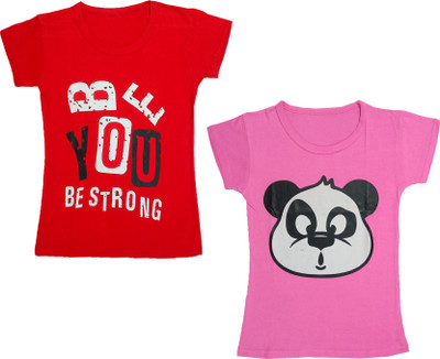 KAYU Girls Graphic Print Cotton Blend Regular T Shirt(Pink, Pack of 2)