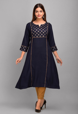 JFT Jaipur Fabtex Women Printed Flared Kurta(Dark Blue)