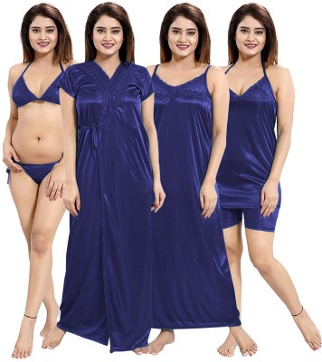 FusionVilla Women Self Design Blue Night Suit Set