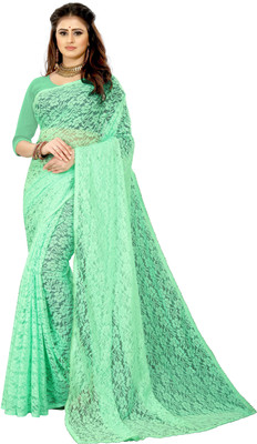 CARRYOX Solid/Plain Bollywood Net Saree(Green)
