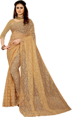 CARRYOX Solid/Plain Bollywood Net Saree(Beige)