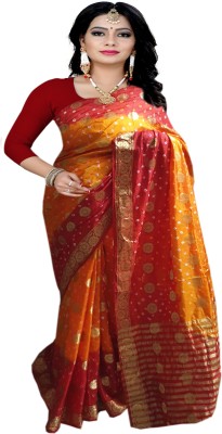 MINE CHOICE Printed, Woven Bandhani Silk Blend, Art Silk Saree(Red, Orange)