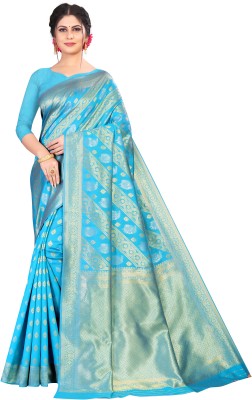 PAL COLLECTION Self Design Kanjivaram Jacquard Saree(Light Blue)