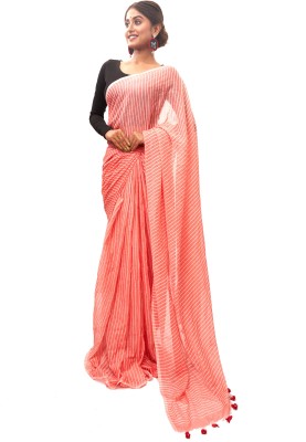AngaShobha Striped Bollywood Handloom Pure Cotton Saree(Red)