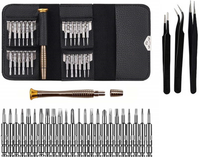 wroughton 25 in 1 Precision Screwdriver Set Multi Pocket Repair Tool Kit with Black Leather Bag for Mobiles|Laptops|Electronics With Set of 3 ESD Non Magnetic Tweezers- Straight, Flat & Curved Precision Screwdriver Set(Pack of 28)
