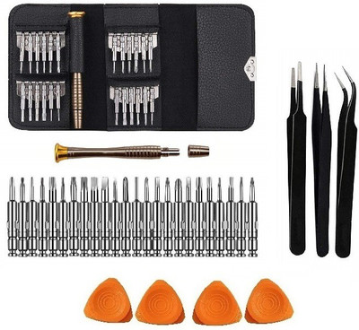 wroughton 25 in 1 Precision Screwdriver Set Multi Pocket Repair Tool Kit with Black Leather Bag for Mobiles|Laptops|Electronics With 4 Mobile Opener and Set of 3 ESD Non Magnetic Tweezers- Straight, Flat & Curved Precision Screwdriver Set(Pack of 32)