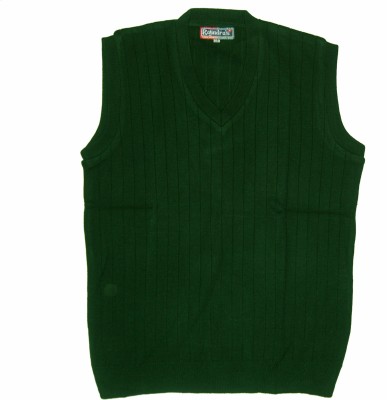 Rajindras Solid, Self Design V Neck Casual Boys & Girls Green Sweater