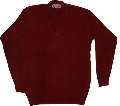 Rajindras Solid, Self Design V Neck Casual Men Maroon Sweater