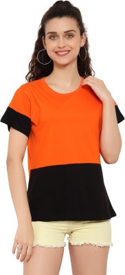 Bi Fashion Colorblock Women Round Neck Orange T-Shirt