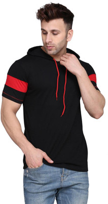 SLOWLORIS Solid Men Hooded Neck Red, Black T-Shirt