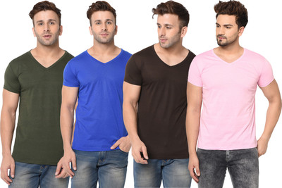 Jangoboy Solid Men V Neck Multicolor T-Shirt