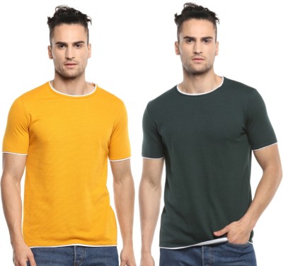 Alan Jones Solid Men Round Neck Dark Green, Yellow T-Shirt