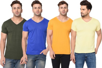 Jaskart Solid Men V Neck Dark Green, Blue, Yellow T-Shirt