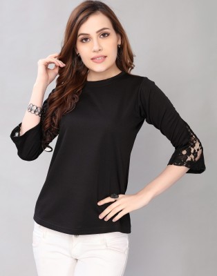 Selvia Casual 3/4 Sleeve, Flared Sleeve, Bell Sleeve Self Design, Embellished, Laser Cut, Solid, Lace Women Black Top