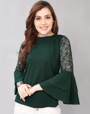 Selvia Casual 3/4 Sleeve Laser Cut, Woven, Solid, Self Design, Lace, Embellished Women Dark Green Top