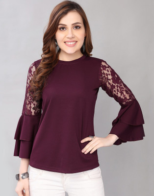Selvia Casual 3/4 Sleeve Solid Women Purple Top
