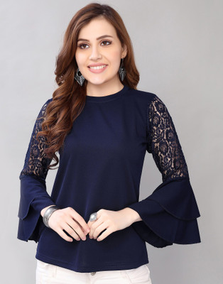 Selvia Casual 3/4 Sleeve Solid Women Dark Blue Top