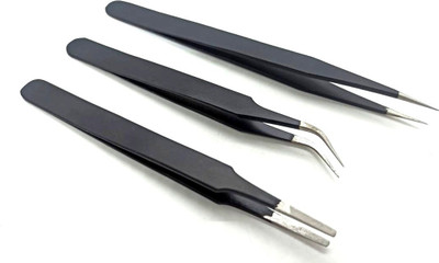 ARONET Set of 3 ESD safe Non magnetic tweezers for electronics repair, mobile repair - Slim Tip Pointed, Round Blunt and Curved Pointed Tip with antistatic fiber plastic openers (Pack of 3)
