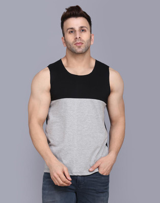 SLOWLORIS Solid Men Round Neck Black, Grey T-Shirt