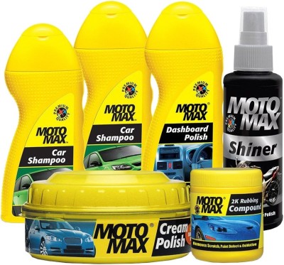 Pidilite Motomax Car care kit with Scratch remover 2k Rubbing Compound 100g, Car wash & Bike care Shampoo liquid 100ml, Dashboard Polish 100ml, Cream Polish with Carnuba Wax 230gm, Shiner 100ml Combo