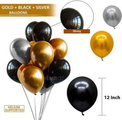 Blooms Mall Solid Vibrant Colous Combo Pack of 60 Balloons - Black, Silver & Golden Balloons Combo Balloon(Multicolor, Pack of 60)